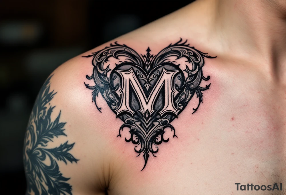 A black and grey ornamental heart with a bold Gothic-style letter "M", surrounded by subtle shading and filigree details. tattoo idea