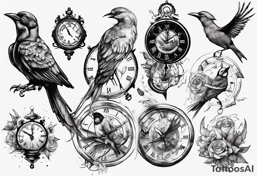 clock breaks into birds tattoo idea