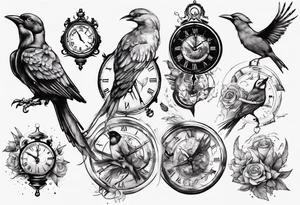 clock breaks into birds tattoo idea