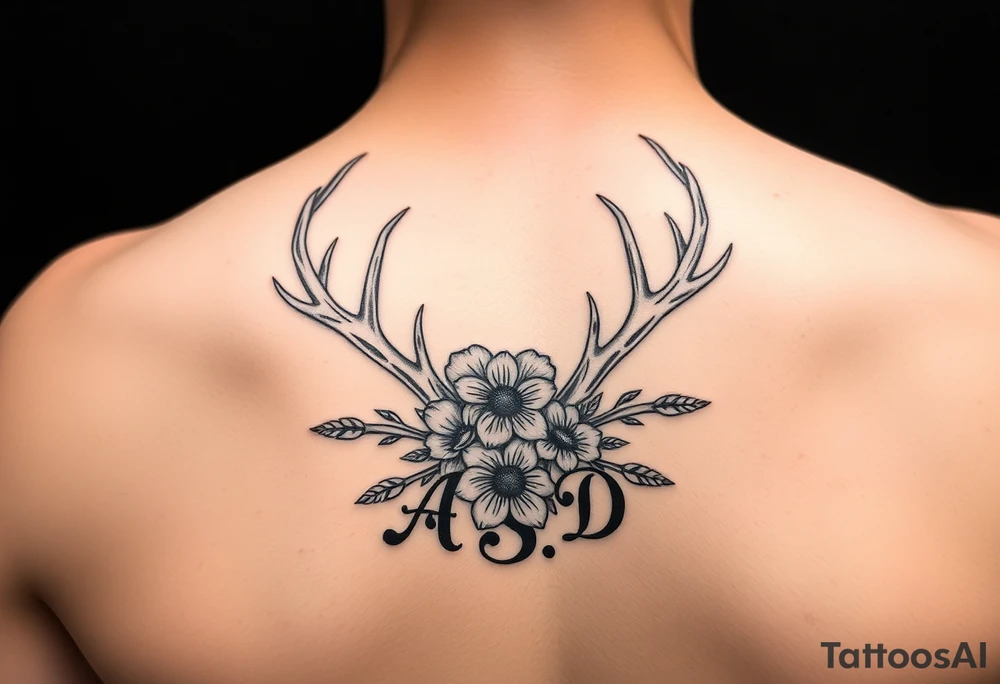 Deer antlers with flower and initials A, S, D tattoo idea