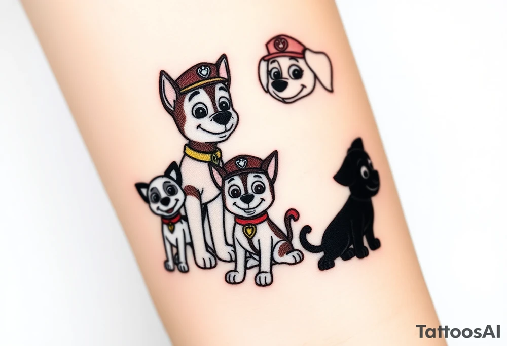 The silhouettes of Rubble
Skye
Zuma
Marshall
Drew Davis
Alex Porter
Rocky Paw Patrol members, arranged in a circular composition with a subtle gradient between them. tattoo idea