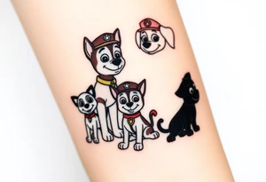 The silhouettes of Rubble
Skye
Zuma
Marshall
Drew Davis
Alex Porter
Rocky Paw Patrol members, arranged in a circular composition with a subtle gradient between them. tattoo idea