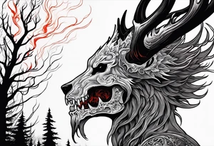 A spooky rotting bone lore accurate wendigo side profile surrounded by a forest fire in background tattoo idea