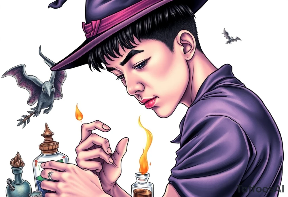 Handsome Asian young adult guy is  accidentally stumbled upon witch tools, supplies, artifacts, potions and exploring it curiously tattoo idea