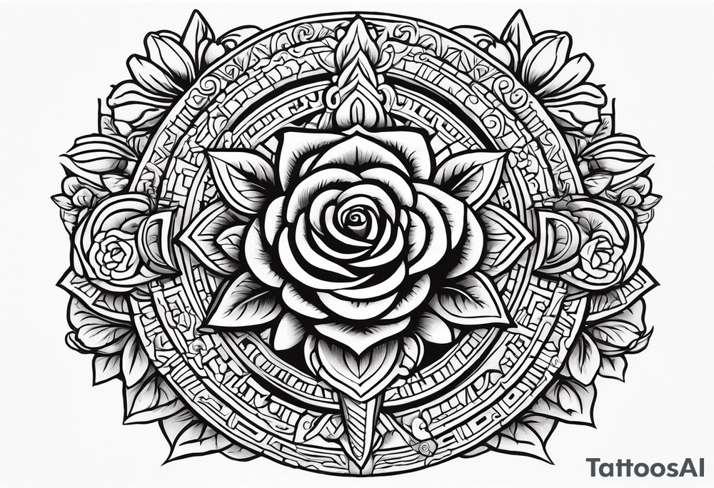 Design a masculine tattoo depicting three delicate rose buds being embraced and protected by 
Aztec weapons. The weapons should include elements such as the macuahuitl (Aztec sword-club), obsidian blades, and Mayan calendar, arranged in a way that forms a protective circle or embrace around the roses. Carve the entire image as if it were a stone sculpture by an ancient Aztec artist, with the texture resembling intricately detailed stone carvings. The roses should be slightly softer but still stylized in stone, giving the entire tattoo a powerful, yet artistic and ancient feel. Use bold, sharp lines to capture the essence of Aztec craftsmanship tattoo idea