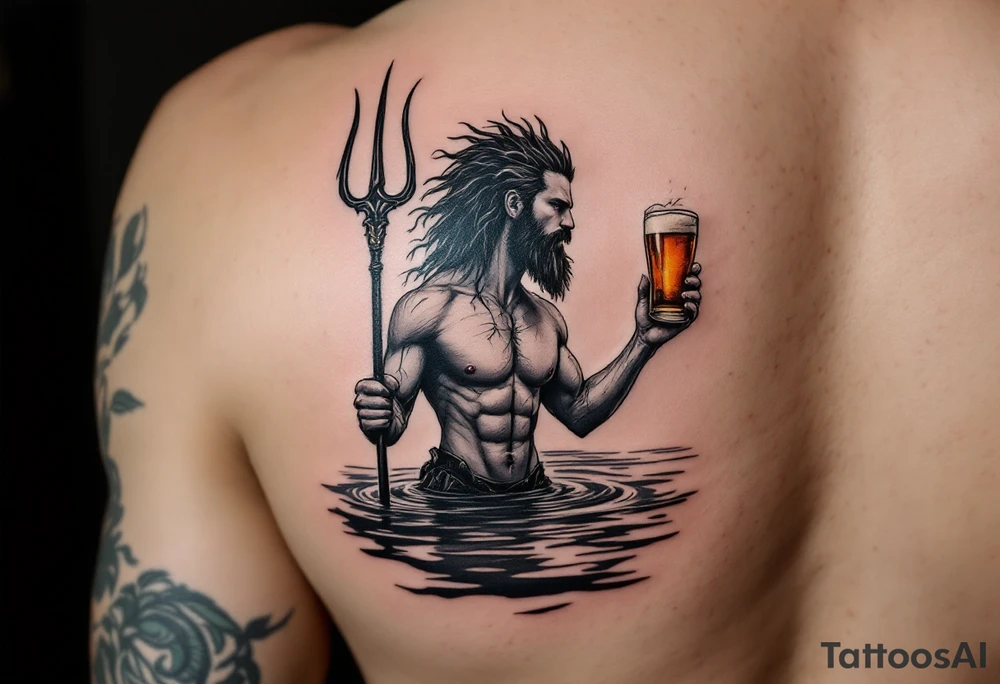 young, fit poseidon in calm water, holding a trident, holding a beer, with sunset tattoo idea