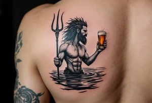 young, fit poseidon in calm water, holding a trident, holding a beer, with sunset tattoo idea