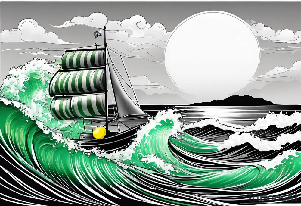 A lemon-Buoy with a green leaf-flag on waves tattoo idea