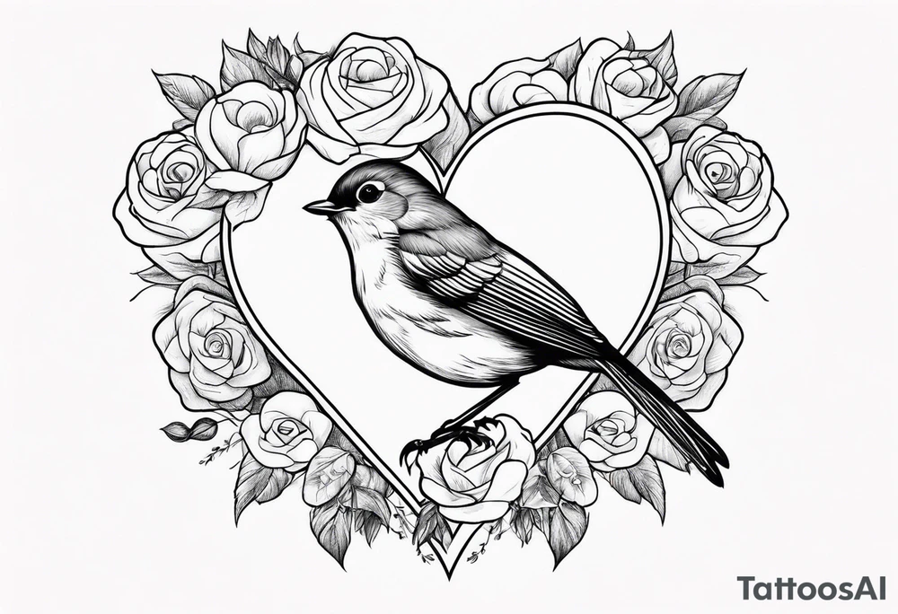 A real heart with a Robin inside surrounded by roses, likely of the valley and cosmos flowers tattoo idea