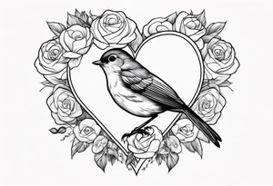 A real heart with a Robin inside surrounded by roses, likely of the valley and cosmos flowers tattoo idea