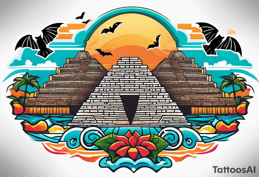 Colorful Mayan hieroglyph with sunglasses reflecting Chichen itza. Bats and waves tattoo idea Colorful Mayan hieroglyph with sunglasses reflecting Chichen itza. Bats and waves tattoo idea