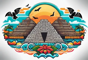 Colorful Mayan hieroglyph with sunglasses reflecting Chichen itza. Bats and waves tattoo idea