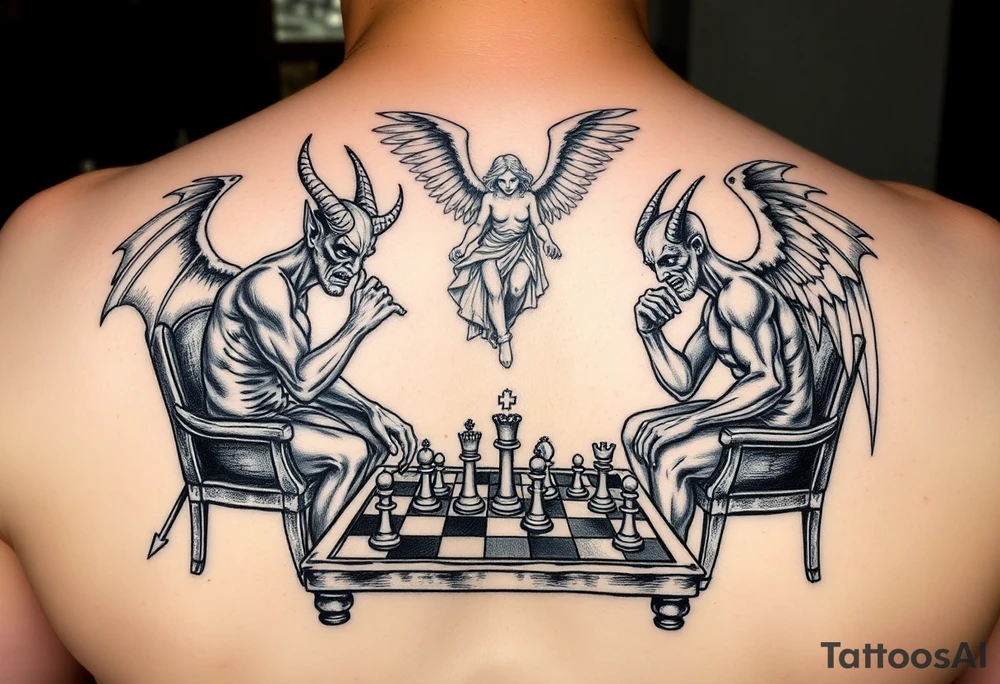 devil and angel playing chess. Make them seem like people and not animals. Sitting on chairs with an angel watching, multiple chess pieces visible on board tattoo idea