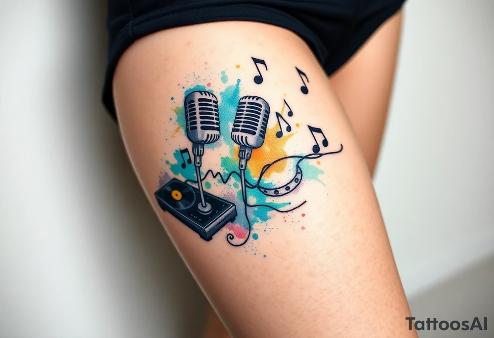 Microphone turntables and music notes graffiti style on a woman's thigh tattoo idea