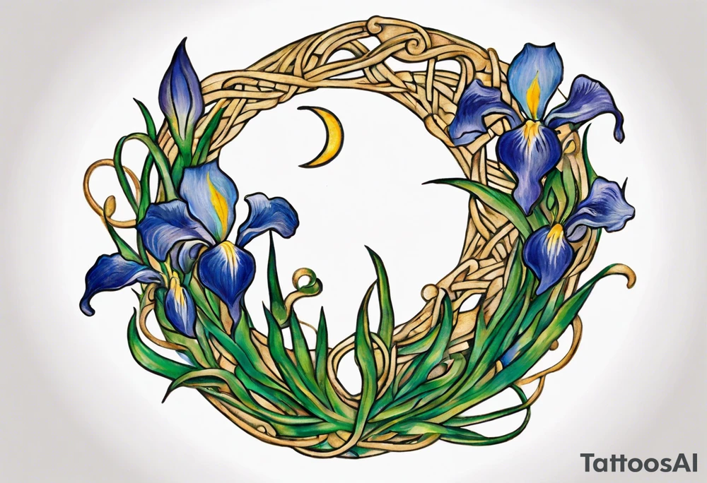 Create a small colorful Vincent van Gogh Irises tattoo in the form of a crescent, with vines or Celtic knots gracefully intertwining at a central point in the middle of the wreath.  In the middle of the wreath are mountains and other items found in New Mexico. Ensure that the design avoids the appearance of a bush and maintains a more structured and deliberate arrangement. The intended placement is on the upper chest. The overall design should be small in size while maintaining a delicate and artistic aesthetic. Pay attention to the graceful flow of the vines and the placement of the irises to achieve a refined and elegant look. tattoo idea
