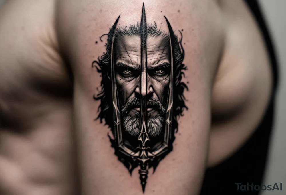 close-up man face behind a trident tattoo idea