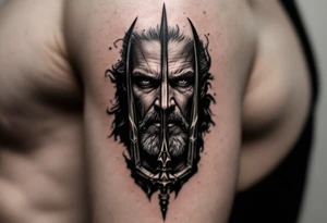 close-up man face behind a trident tattoo idea