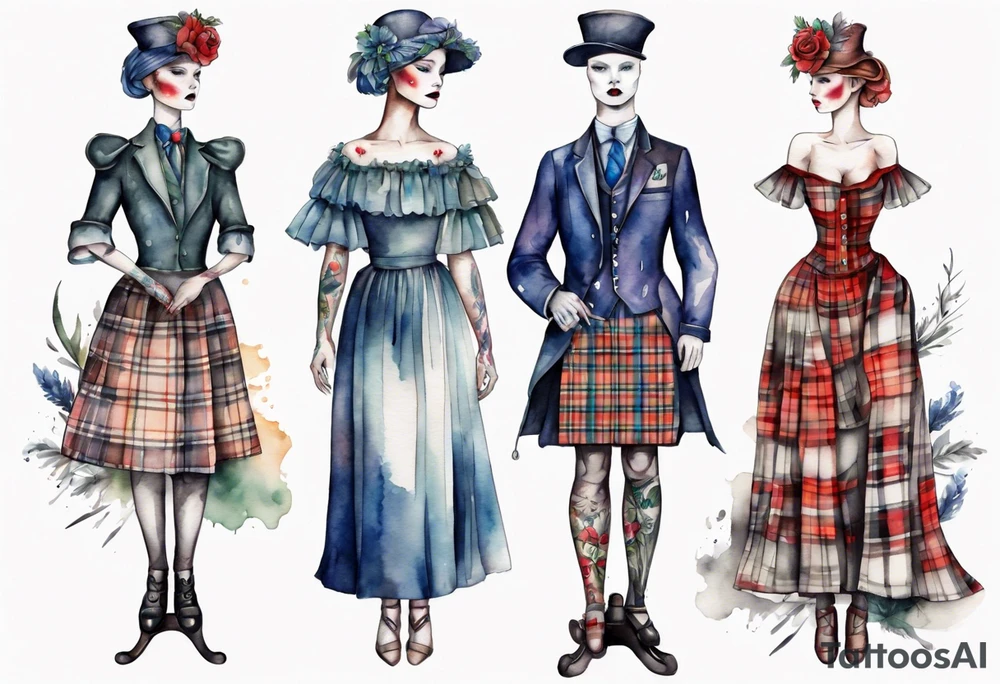 Watercolour mannequin with scottish dress tattoo idea