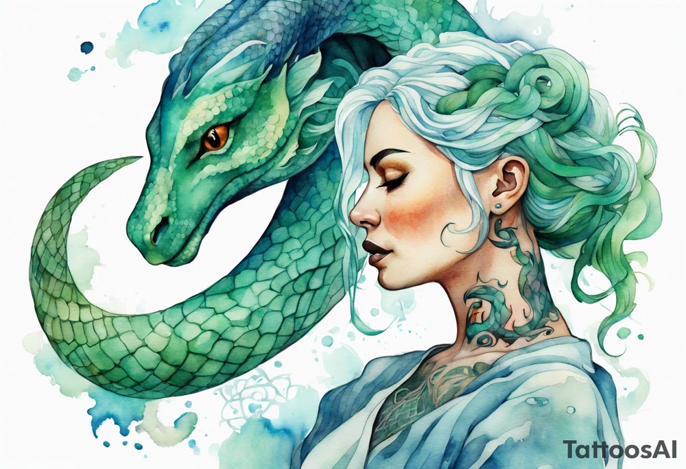 a watercolor of a sea serpent next to a woman with blue-green hair wearing a white tunic tattoo idea