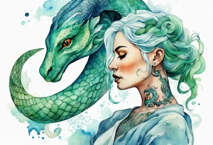 a watercolor of a sea serpent next to a woman with blue-green hair wearing a white tunic tattoo idea