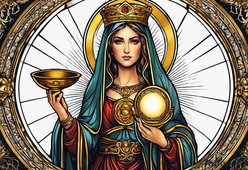 woman saint holding chalice surrounded by golden halo tattoo idea