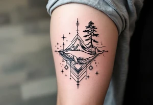 Fine line powerful ocean half sleeve with a wave, a whale, a Joshua tree, and a dog as separate elements connected by geometric patterns tattoo idea