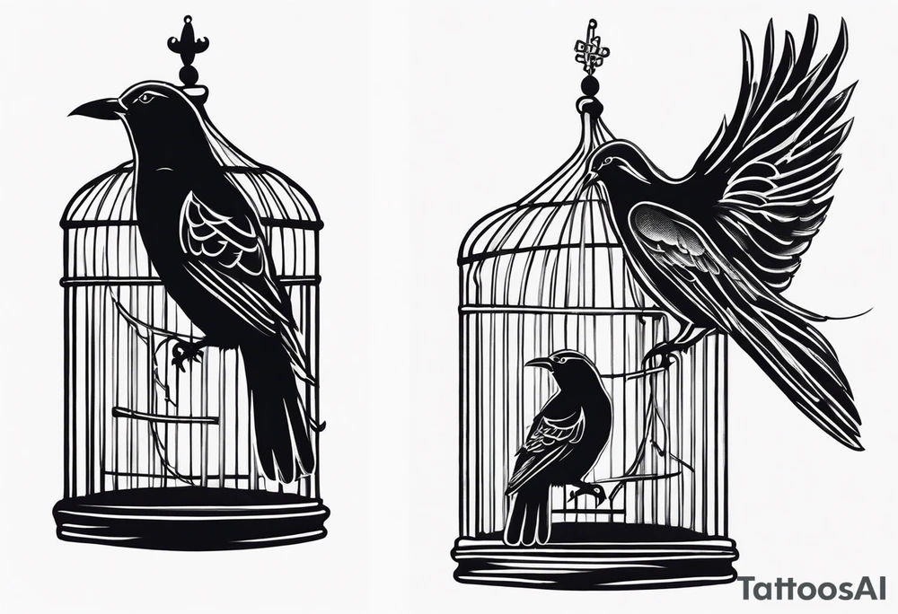 neo traditional decoration only on the left side, on the top of a long bird cage with a too big bird in it tattoo idea