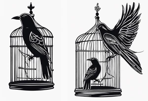 neo traditional decoration only on the left side, on the top of a long bird cage with a too big bird in it tattoo idea