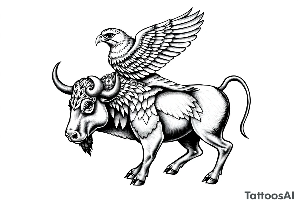 A bull and a falcon  with ancient Egyptian mythology, as ruled by Venus in western zodiac tattoo idea