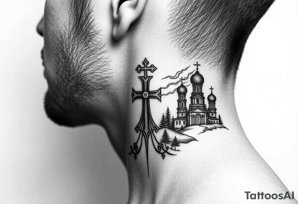 russian coat arms in a russian christian orthodox cross with the cross in the middle with a virgin mary & orthodox dome church on the side of the neck in a wilderness setting tattoo idea
