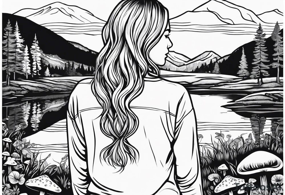 Whole picture encircled fully

Straight long blonde hair hippie girl in distance holding mushrooms in hand facing away toward mountains and creek surrounded by mushrooms long sleeve shirt and hiking pants; whole rendering within a full circle, no cut off circle tattoo idea