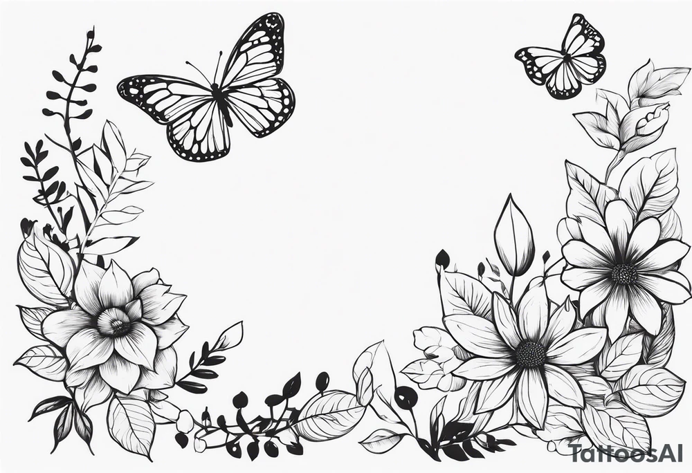 Galhos, folhas, flores e borboletas tattoo idea