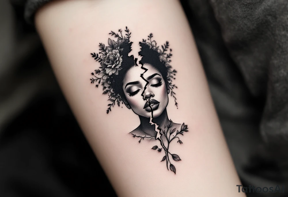 Broken black woman pieced back together surrounded by flowers tattoo idea