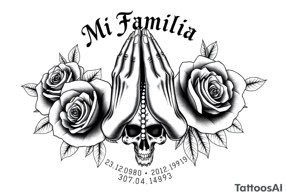 Black and grey gang style tattoo design. Centered praying hands with a rosary, surrounded by three realistic roses. Above the hands, gothic text saying 'Mi Familia'. Below each rose, a date in this order: '23.06.1980', '30.12.1946', '07.04.1979'. Add a crowned skull subtly in the background, symbolizing loyalty after death. Chicano tattoo style, fine shading, no color tattoo idea