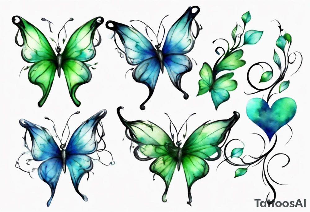4 small blue and green butterflies, with 4 small 3D hearts, light in color, with some sort of vine intertwining them. tattoo idea