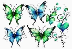 4 small blue and green butterflies, with 4 small 3D hearts, light in color, with some sort of vine intertwining them. tattoo idea