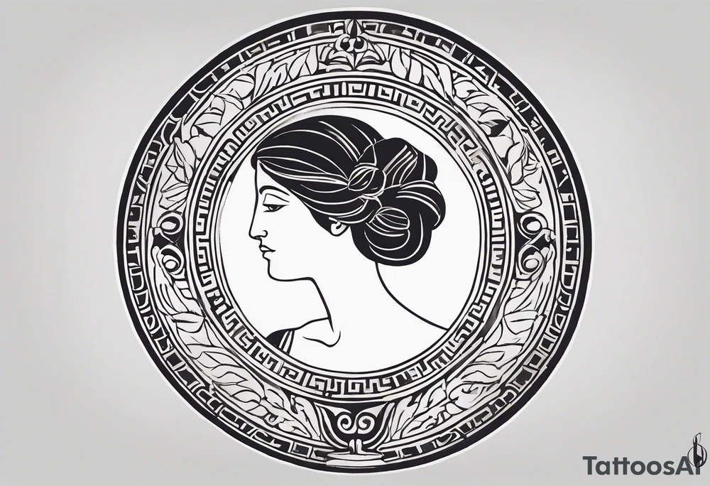 "Craft a minimalist round tattoo inspired by ancient Greek art, featuring Clio, the muse of history and lyre-playing. Design a circular composition with Clio depicted in the center, holding a scroll. Surround her with simple yet symbolic elements such as laurel wreaths, scrolls, or geometric patterns reminiscent of ancient Greek pottery. Ensure the design maintains a minimalist style, with clean lines and limited detail, while capturing the essence of Clio's affinity for knowledge and the arts within the circular frame." tattoo idea