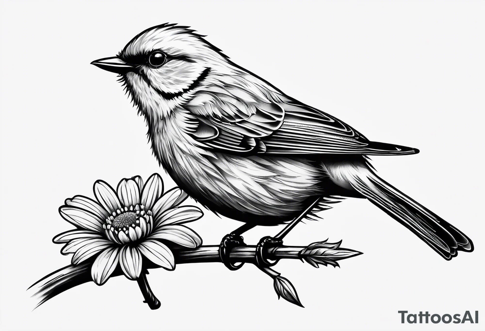 little bird, sitting on a branch biting a daisy tattoo idea