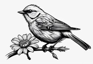 little bird, sitting on a branch biting a daisy tattoo idea