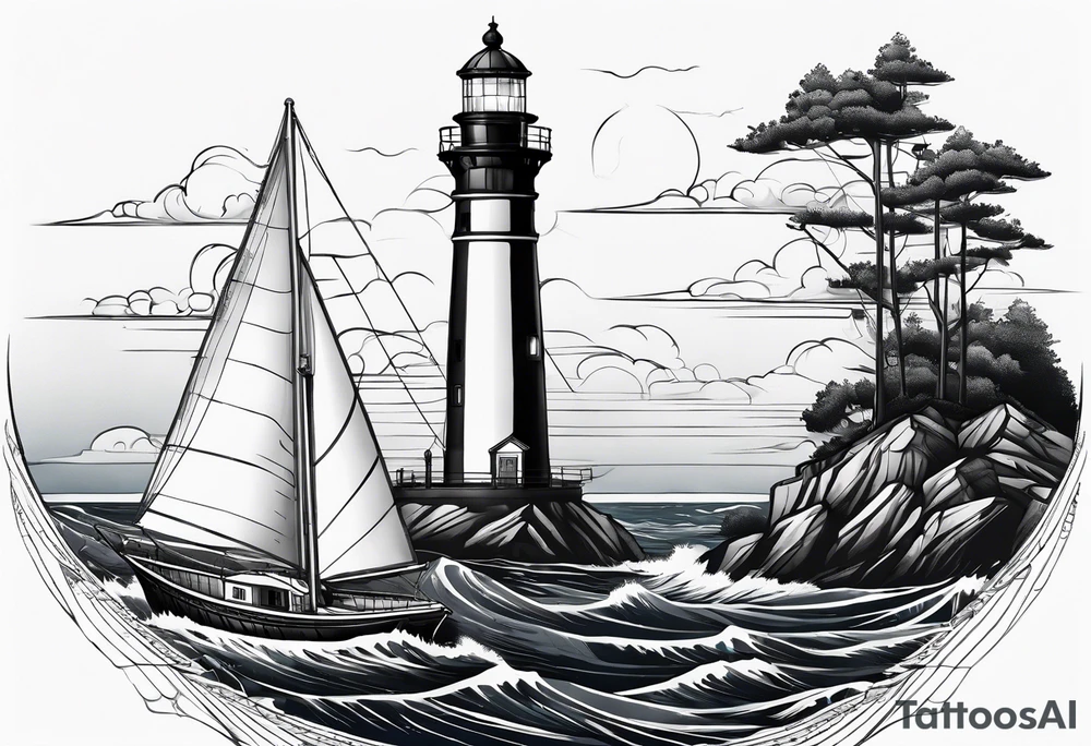 maritime lighthouse in a front view sailboat serving as a mast for a sail. tattoo idea