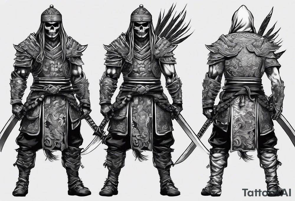 A full body sketch of a badass Asian warrior who is also a skeleton tattoo idea