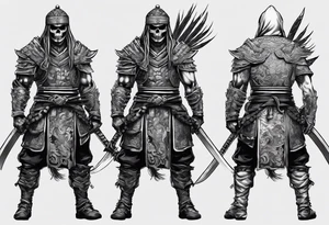 A full body sketch of a badass Asian warrior who is also a skeleton tattoo idea