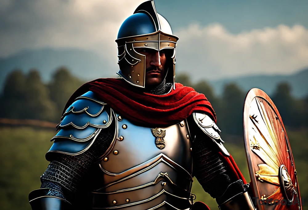 a high ranking roman soldier from AD 60, wearing armour which must include an armoured belt, breastplate, armoured shoes, shield, helmet and sword.
the soldier must look strong. the soldier is faceless. The image must include the full person, not just the top half. The soldier is mid-battle, fending off flaming arrows with his shield tattoo idea