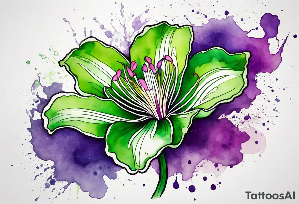 An outline of an only green rio dipladenia flower and a green and purple watercolor splash in the background tattoo idea