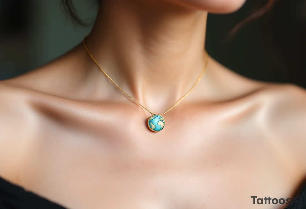 A tiny Earth in subtle sky blue and seafoam green is encased in a thin gold ring like a pendant. tattoo idea