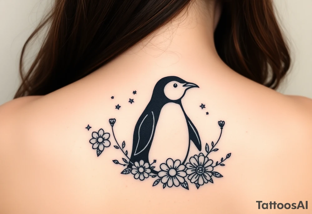 Penguin with stars and flowers black ink
Matching w someone tattoo idea