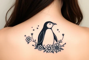 Penguin with stars and flowers black ink
Matching w someone tattoo idea