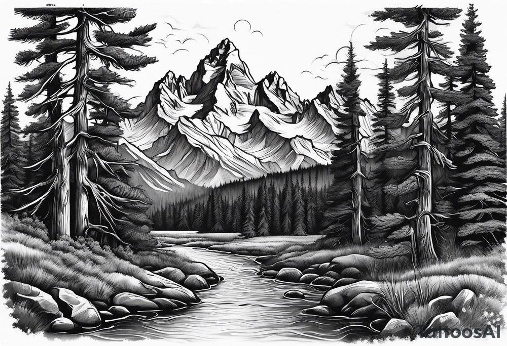 Half sleeve of Teton mountain range with trees lining the bottom of tattoo tattoo idea