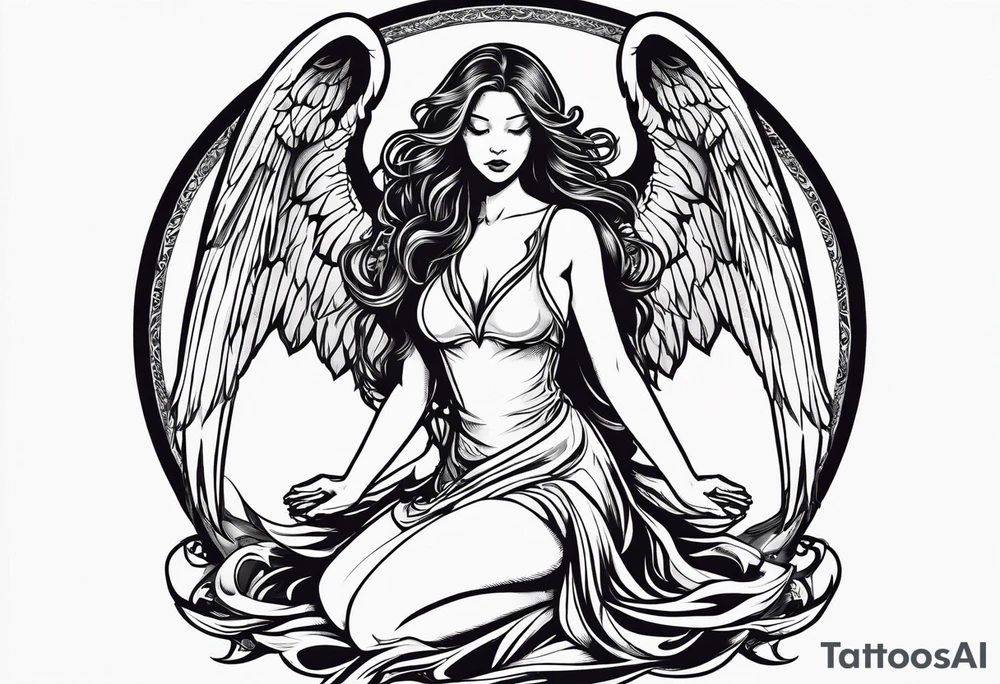 angel girl kneeling inside the symbol of satan vector  with face looking down wings wide open. tattoo idea