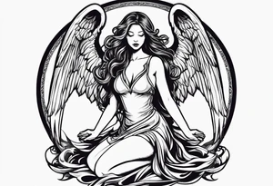 angel girl kneeling inside the symbol of satan vector  with face looking down wings wide open. tattoo idea